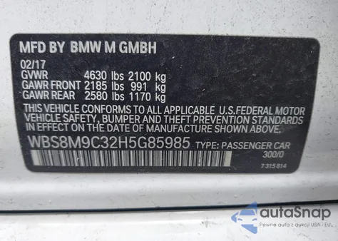 2017 BMW M3 z USA, uszkodzony, nr VIN WBS8M9C32H5G85985